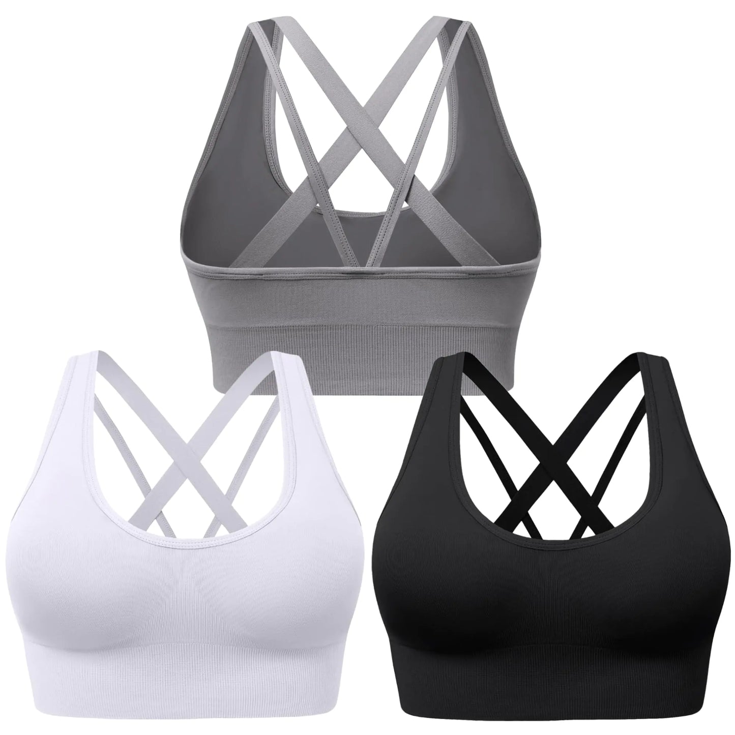 Sujetador deportivo Evercute para mujer, acolchado, de sujeción media, con tiras cruzadas, sin costuras, de alto impacto, para yoga, ejercicio, atletismo, talla grande (negro, blanco y gris), paquete de 3