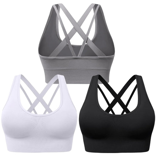 Evercute Sports Bra for Women Padded Medium Support Criss Cross Strappy Bras Seamless High Impact Yoga Exercise Athletic Bras Large Style-b Black White Gray 3 Pack