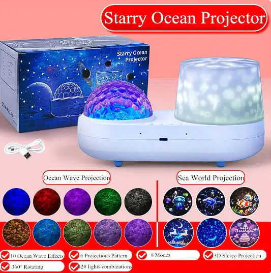 Luz de Projeção Musical Rotativa LED 3D Oceano Estrelado