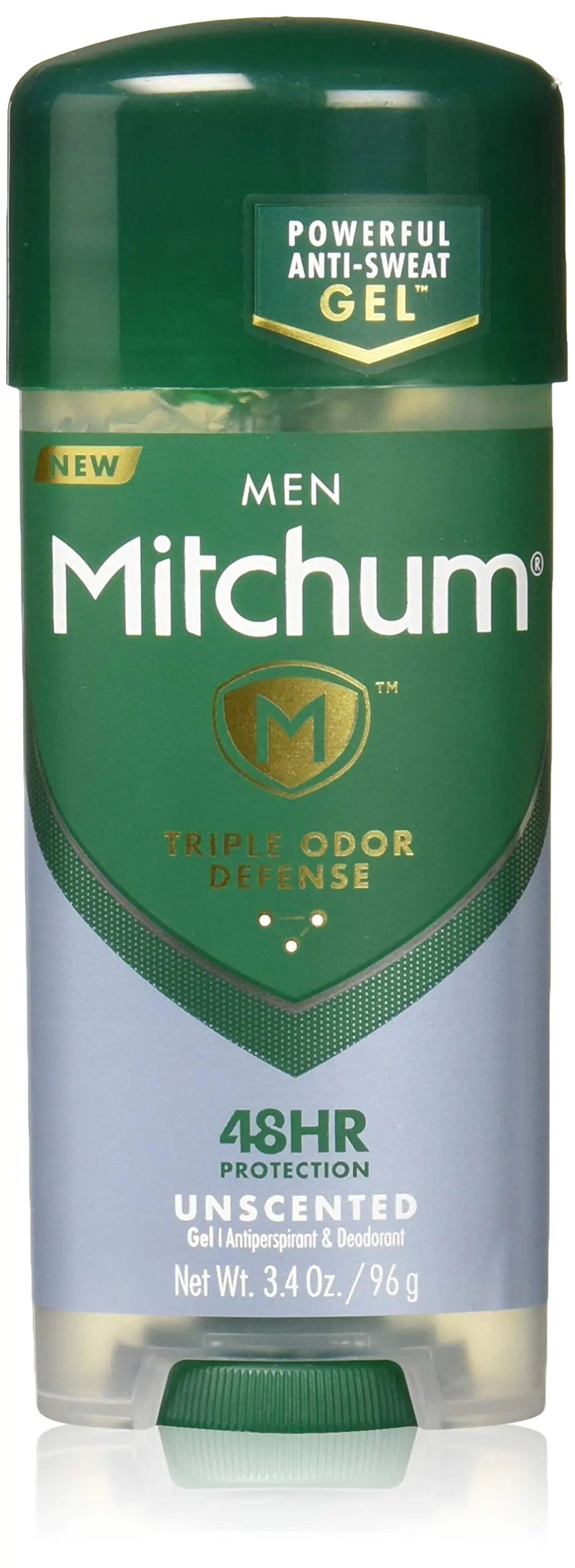 Desodorante antitranspirante en barra Mitchum para hombre, gel con triple protección contra el mal olor, 48 horas de protección, probado por dermatólogos, sin alcohol, sin perfume, 100 g, verde (paquete de 1)