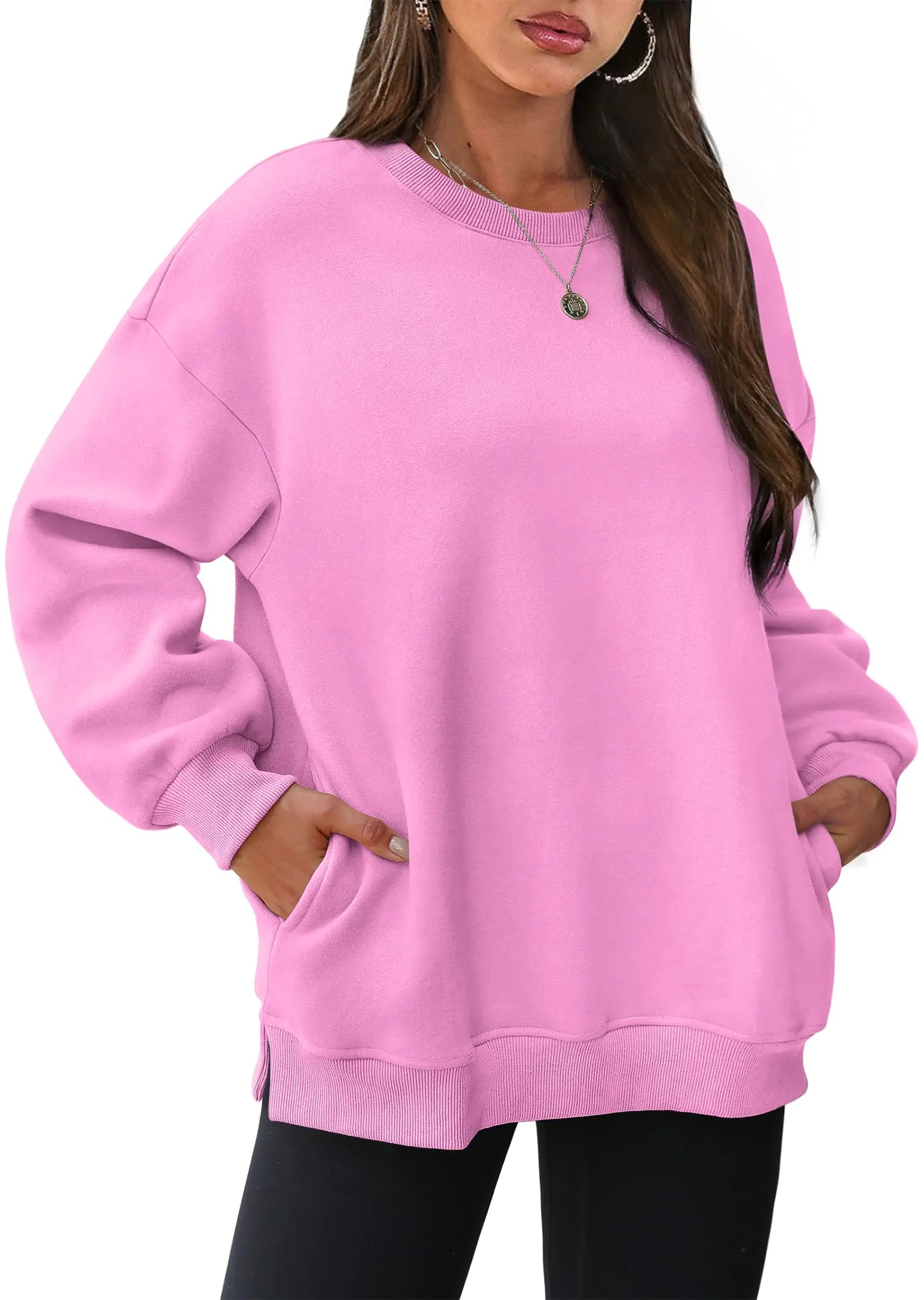 WIHOLL Oversized sweatshirts for kvinner med rund hals og lange armer Fleecegenser Høstmoteklær med lomme Rosa XX-Large