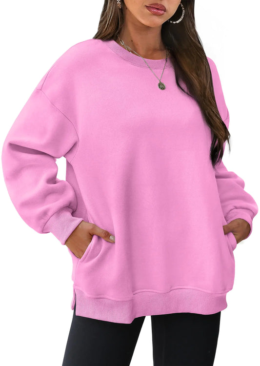 WIHOLL Womens Oversized Sweatshirts Crewneck Long Sleeve Tops Fleece Pullover Fall Fashion Clothes with Pocket Pink XX-Large