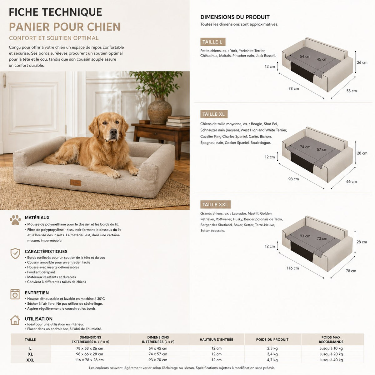 Mano Dog Bed with Removable Cover – Taupe, L