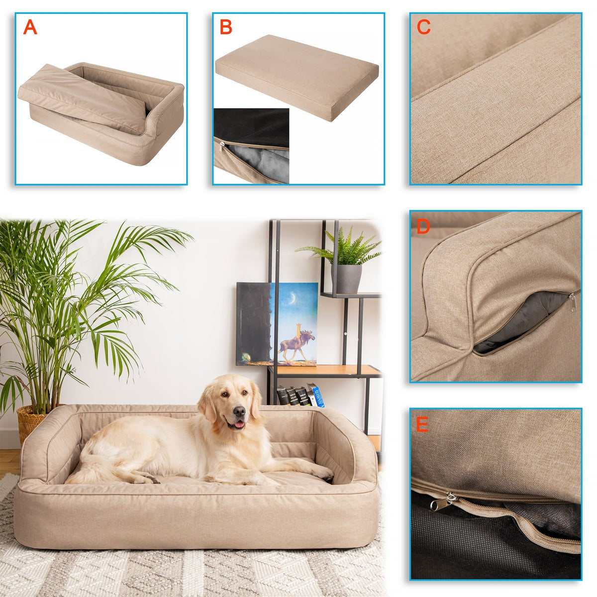 Mano Ergonomic Dog Bed with Removable Cover – Beige, L