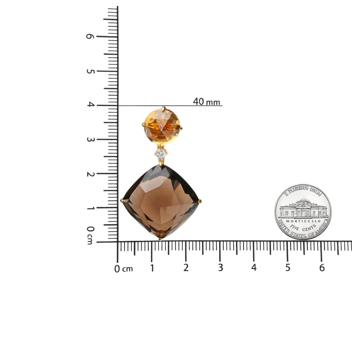 18K 黄金 1/5 克拉钻石搭配圆形黄水晶和 25 毫米垫形切割烟晶宝石吊坠耳环（GH 颜色，SI1-SI2 净度）