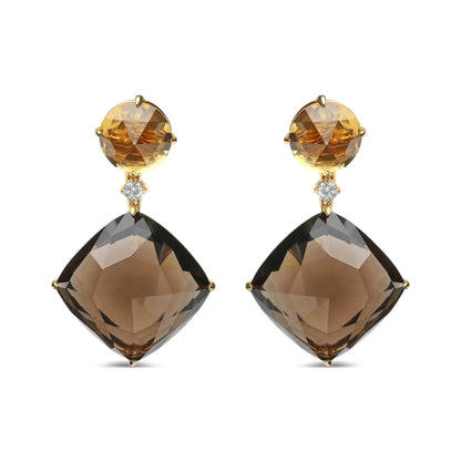 18K Yellow Gold 1/5 Cttw Diamond with Round Yellow Citrine and 25mm Cushion Cut Smoky Quartz Gemstone Dangle Earring (G-H Color, SI1-SI2 Clarity)