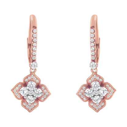 10K Rose Gold 3/4 Cttw Diamond Flower Drop Dangle Earring (I-J Color, I1-I2 Clarity)