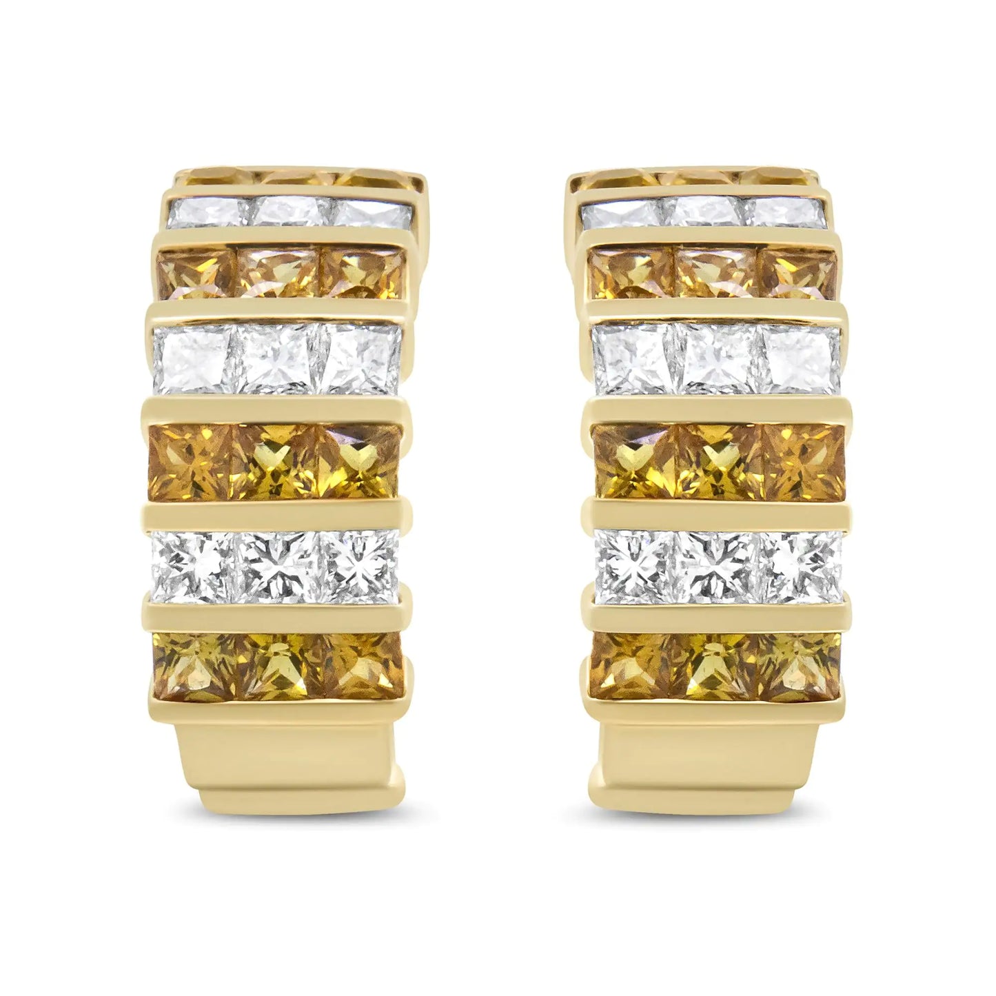 18K Yellow Gold 1 3/4 Cttw Invisible Set Princess Cut Diamond and 2.5mm Yellow Sapphire Huggie Hoop Earrings (F-G Color, VS1-VS2 Clarity)