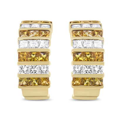 18K Yellow Gold 1 3/4 Cttw Invisible Set Princess Cut Diamond and 2.5mm Yellow Sapphire Huggie Hoop Earrings (F-G Color, VS1-VS2 Clarity)