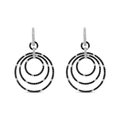 18K White Gold Round 2 1/3 Cttw Black and White Diamond Graduated Hoop Dangle Earrings (Black and F-G Color, VS1-VS2 Clarity)