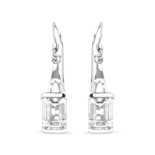 .925 Sterling Silver 3.0 Cttw Emerald Cut White Topaz Solitaire Dangle Earring - AAA Quality