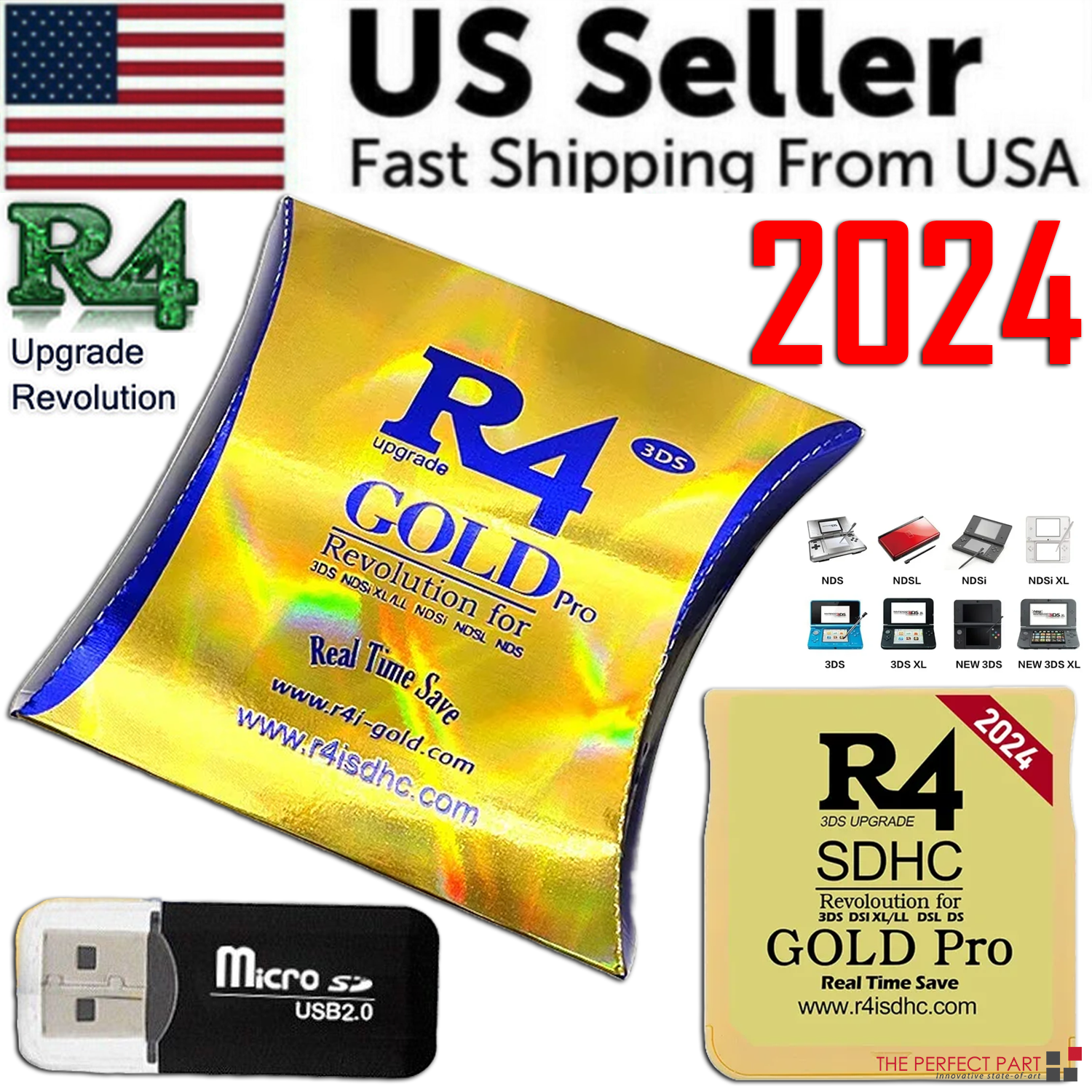 2024 Version R4 Gold Pro SDHC R4i für DS/3DS/2DS Revolution Cartridge + USB | High-Speed-Gaming-Karte