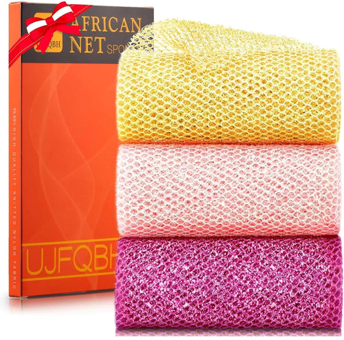 3 Piece Bright Style African exfoliating net Exfoliating Shower Set Long Bath Sponges for Smooth, Refreshed Skin, The Exterior Gleams - Ideal for Daily Use (Bright Yellow, Pink, Purple) Bright Yellow,Pink,Purple