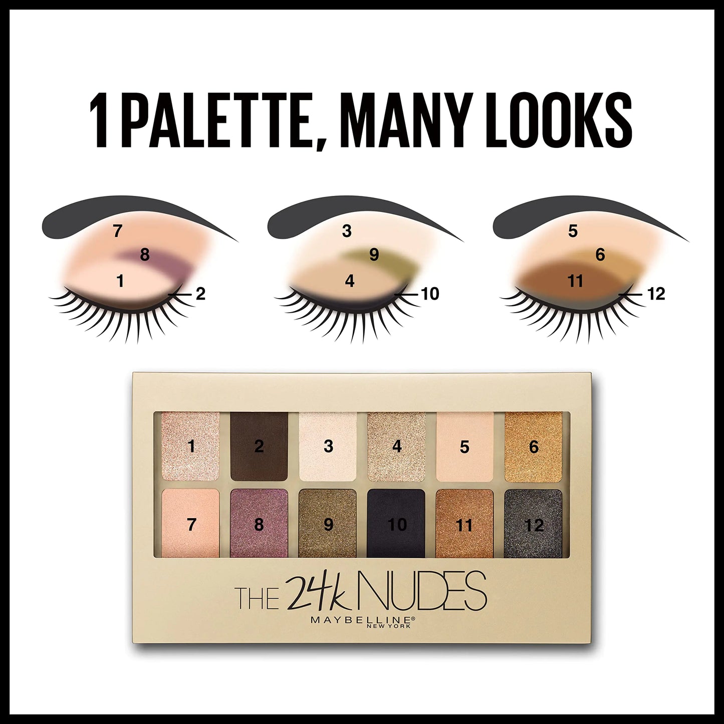 Paleta de sombras de ojos Maybelline The 24K Nudes Gold, 12 tonos pigmentados mate y brillantes, polvos difuminables, 1 unidad