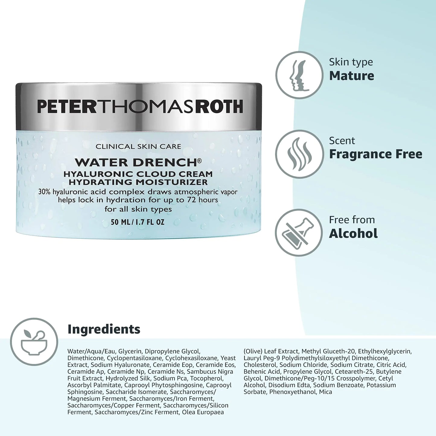 Peter Thomas Roth | Water Drench Hyaluronic Cloud Cream | Niisutav niisutaja näole, kuni 72 tundi niisutust nooruslikuma välimusega naha jaoks, lõhnaaineteta, 1,69 Fl Oz 1,7 Fl Oz (1 tk)