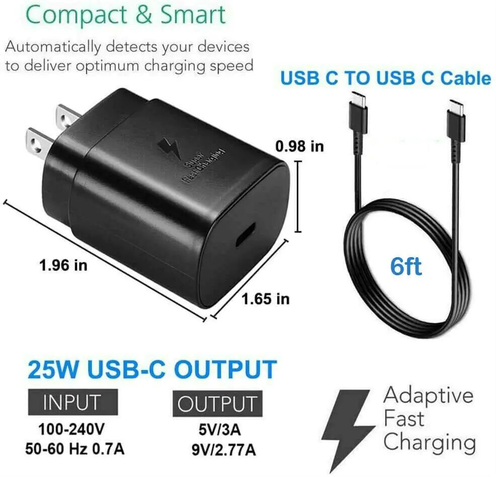 25W USB-C 型超快速壁式充电器 + 6 英尺线缆，适用于三星 Galaxy S20 S21 S22