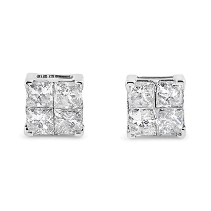 Aretes de oro blanco de 10 quilates con diamantes de talla princesa de 1,00 ct y forma cuadrada, engastados invisibles (color GH, claridad I2-I3)