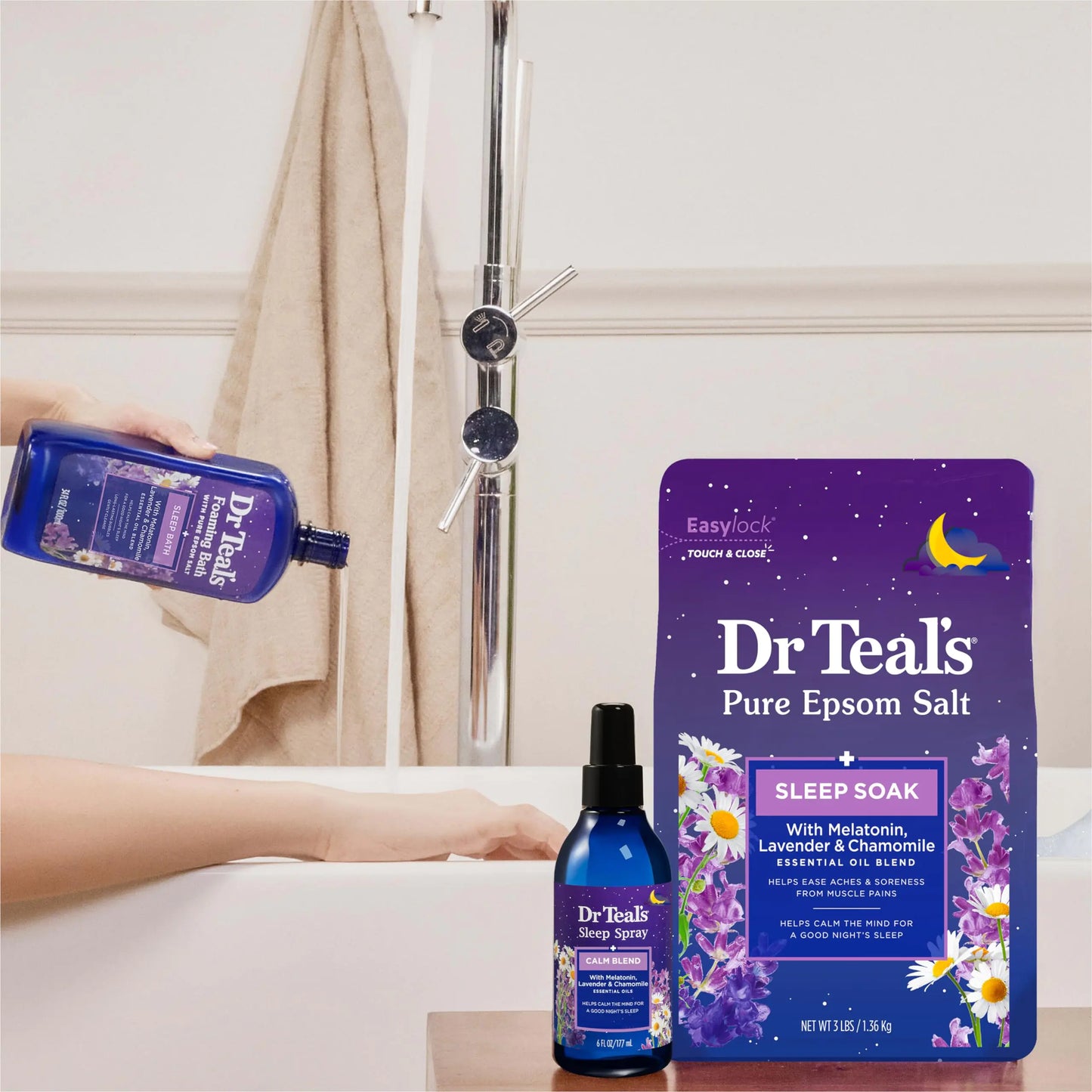 Dr Teal's Foaming Bath med rent Epsom-salt, søvnblanding med melatonin, lavendel og kamille-essensielle oljer, 34 Fl Oz (pakke med 4) (emballasjen kan variere)