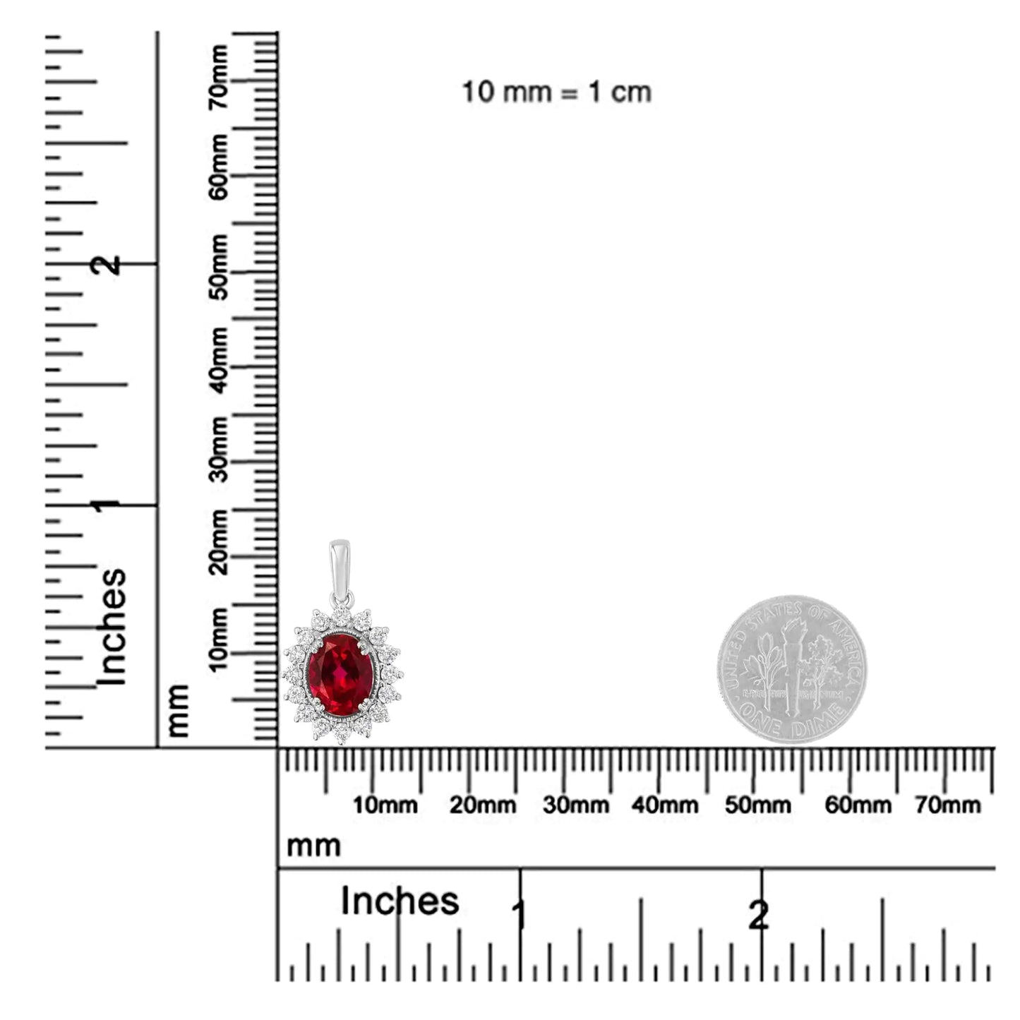 10K valgest kullast valmistatud 9 mm rubiinist vääriskivist ja naturaalsest teemandist ripatsiga kaelakee (HI Color, I1-I2 Clarity)