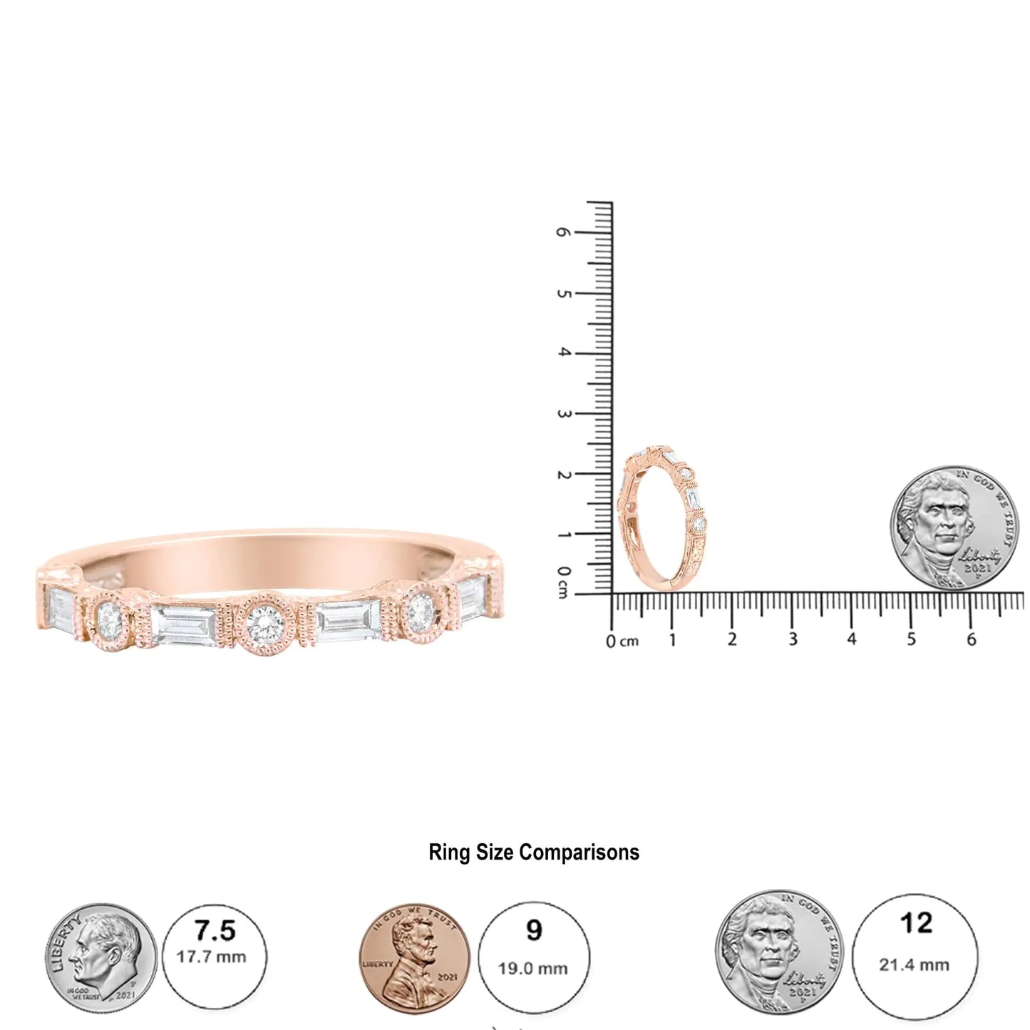 14K roosakuldne 3/8 Cttw baguette ja ümmargune teemandiga pulmapael – (HI Color, VS1-VS2 Clarity)