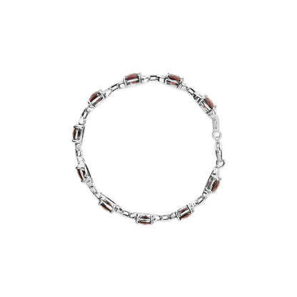 .925 Sterling Silver 7x7mm Checkered Cushion Red Garnet and Diamond Accent Fashion Tennis Link Bracelet (I-J Color, I1-I2 Clarity) - Size 7" Inch