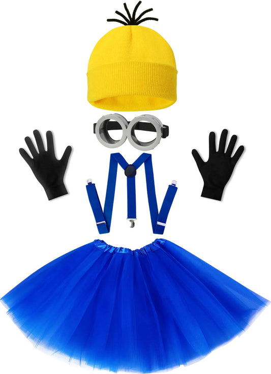 Halloween Costume for Adult Women,Goggles/Yellow Beanie/Blue Dress/Suspenders/Gloves Halloween Costume Accessories