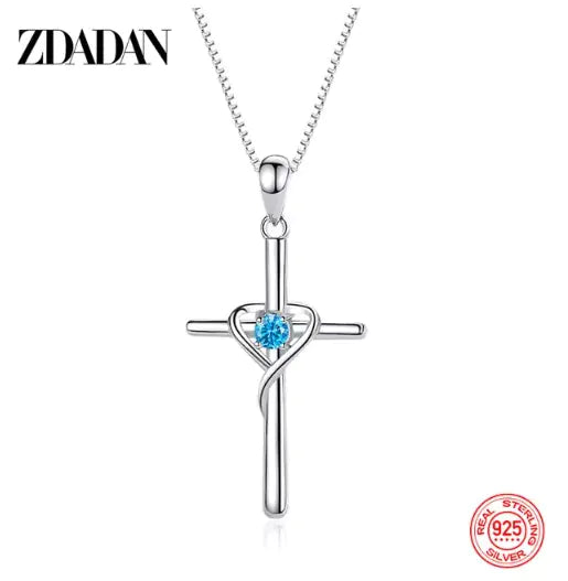 ZDADAN 925 Silver Blue Zircon Cross Pendant Necklace for Women