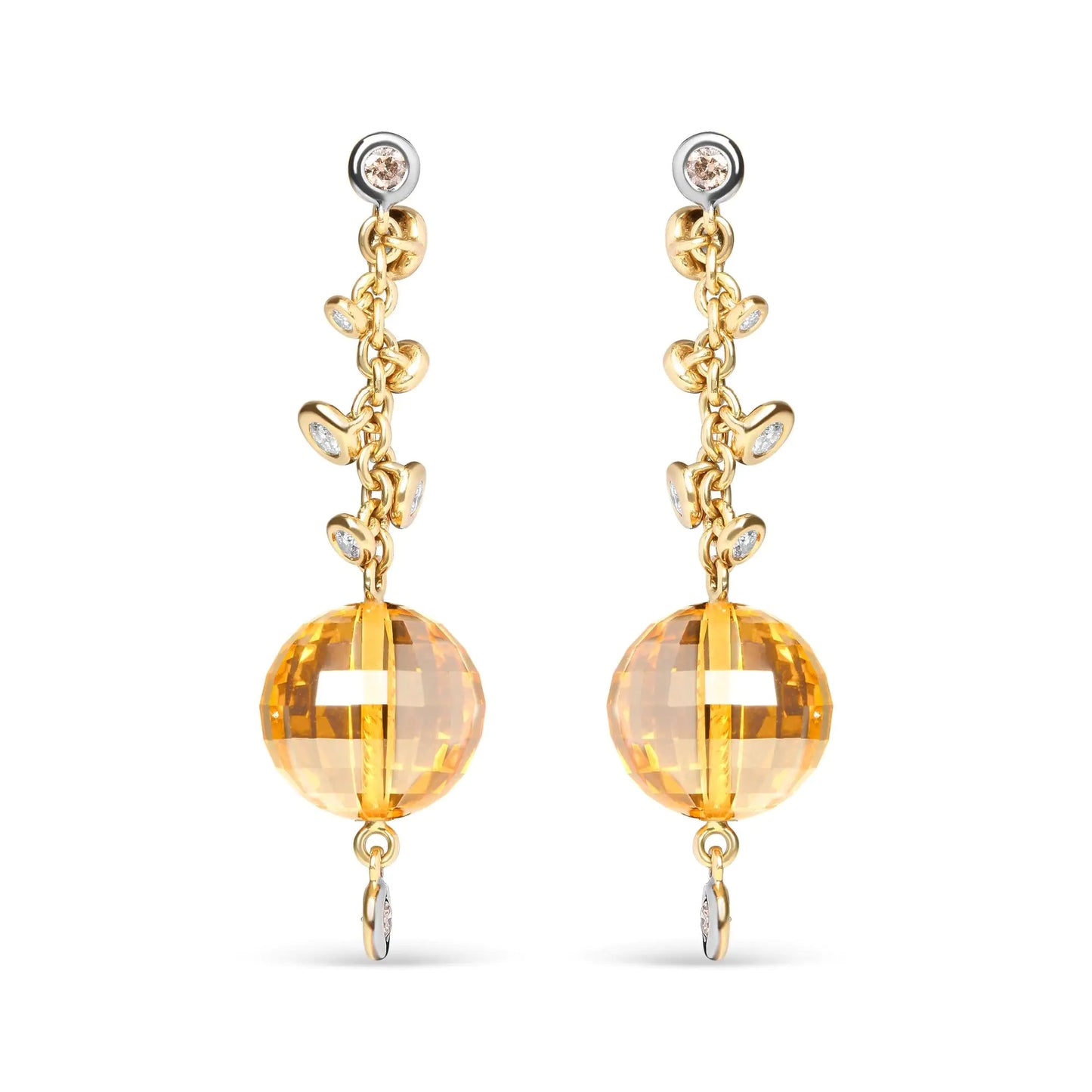 18K Yellow Gold 2/3 Cttw Round Bezel Diamond and 25mm Ball Shaped Yellow Citrine Gemstone Dangle Stud Earring (Brown and G-H Color, SI1-SI2 Clarity)