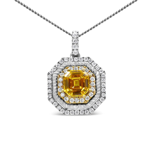 18K Weiß- und Gelbgold 2 1/4 Cttw Laborgezüchteter Gelber Asscher Schliff Diamant Art Deco Stil Halo 18" Anhänger Halskette（Gelb/GH Farbe、VS1-VS2 Reinheit）