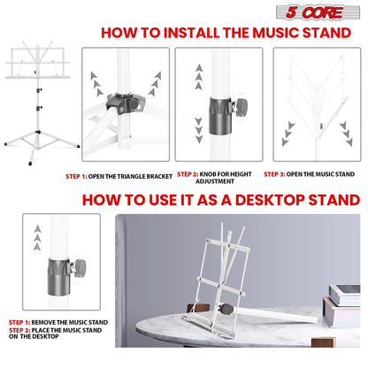 Soporte de Música 5Core para Partituras Portátil Tripé Ajustável Dobrável Porta-Notas BRANCO