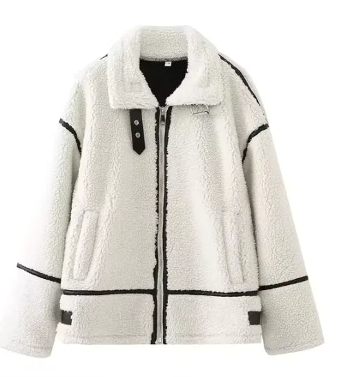 Women's Fashion Loose Patchwork Easy Matching Lambswool Jacket