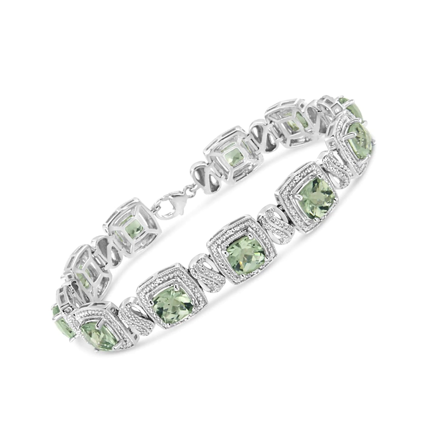 Pulsera de tenis de plata de ley 925 con amatista verde de talla cojín de 7 x 7 mm y diamante de talla única de 1/10 ct. de forma cuadrada (color IJ, claridad I1-I2) - 18 cm