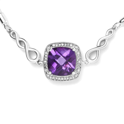 .925 Sterling Silver 10mm Cushion Cut Amethyst Gemstone and Diamond Accent Lariat 4”-10” Adjustable Bolo Bracelet (H-I Color, SI1-SI2 Clarity)