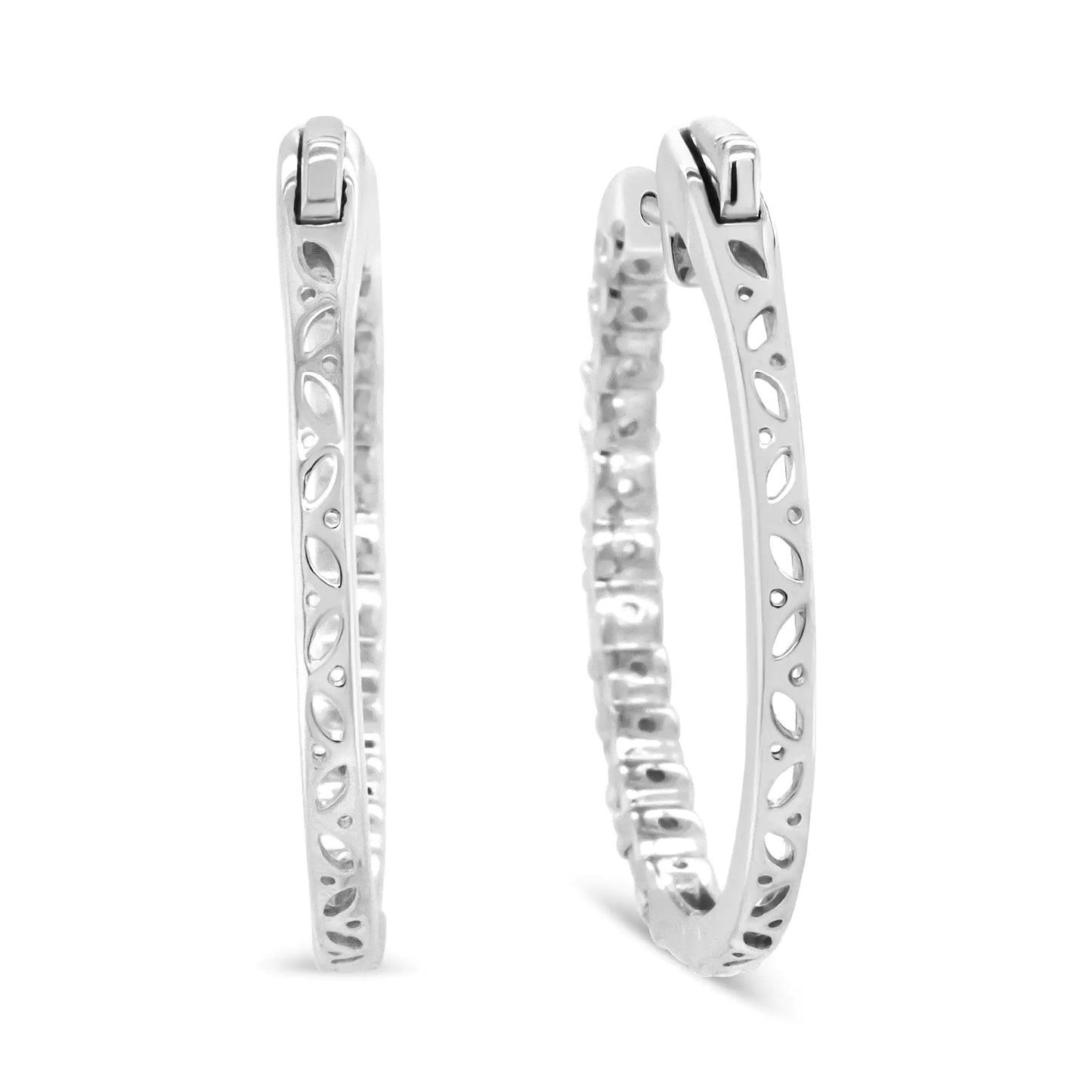 14K White Gold 1 3/4 Cttw Round and Baguette Diamond Hoop Earrings - (H-I Color, SI2-I1 Clarity)