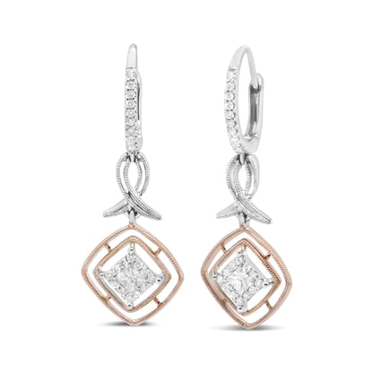 Aretes colgantes de cinta marquesa calada con diamantes de talla princesa y redonda de 1/2 ct en oro blanco y rosa de 14 quilates (color GH, claridad SI2-I1)