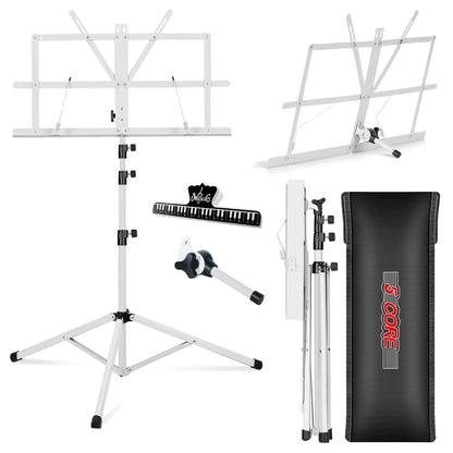 Soporte de Música 5Core para Partituras de Música Portátil com Tripé Ajustável e Dobrável, Soporte para Notas Mais Alto Branco