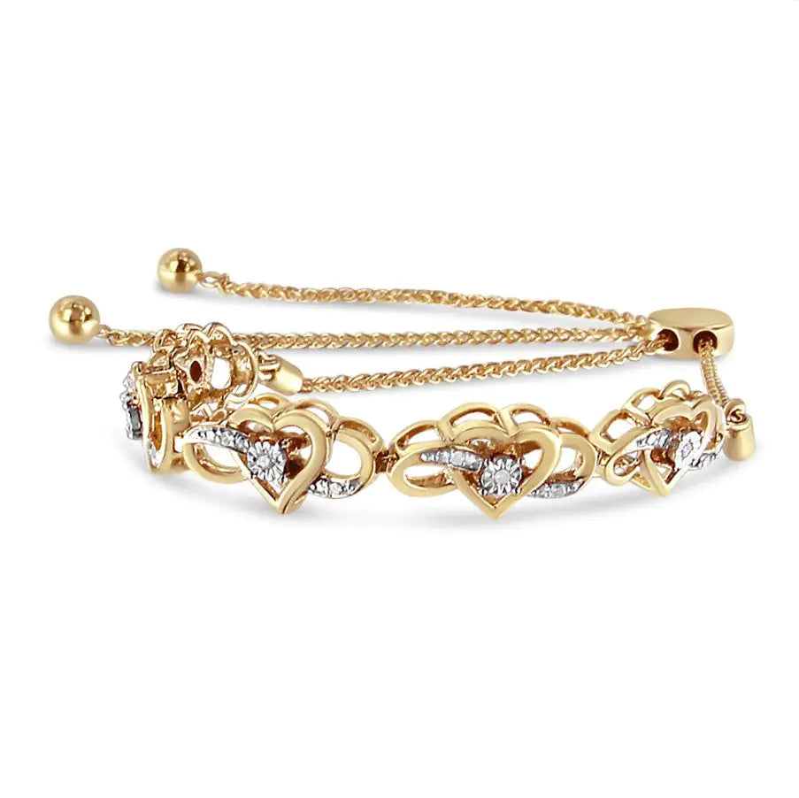 Pulsera bolo ajustable de plata de ley 925 bañada en oro amarillo de 14 quilates con diamantes de 1/10 quilates y forma de corazón infinito de 4" a 10" (color HI, claridad I2-I3)