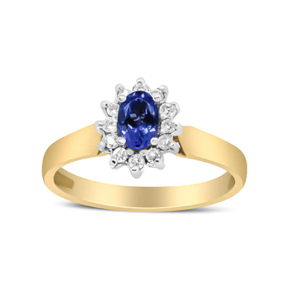 14K gult gull 1/5 Cttw rund diamant og 6x4 mm oval blå tanzanite Halo-ring (HI-farge, I1-I2-klarhet)