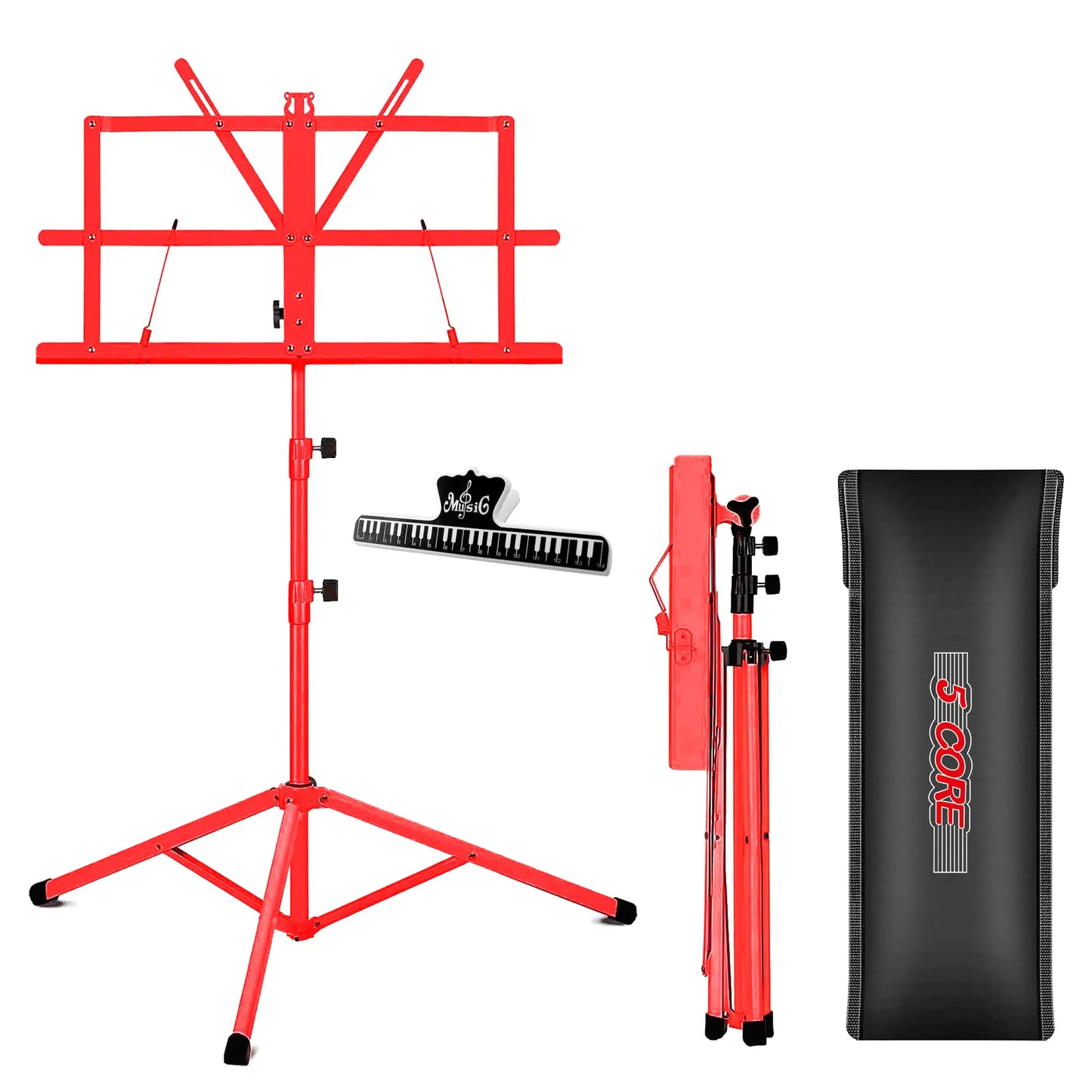 Soporte para Música 5Core para Partituras, Portátil, Tripé Ajustável e Dobrável com Porta-notas VERMELHO