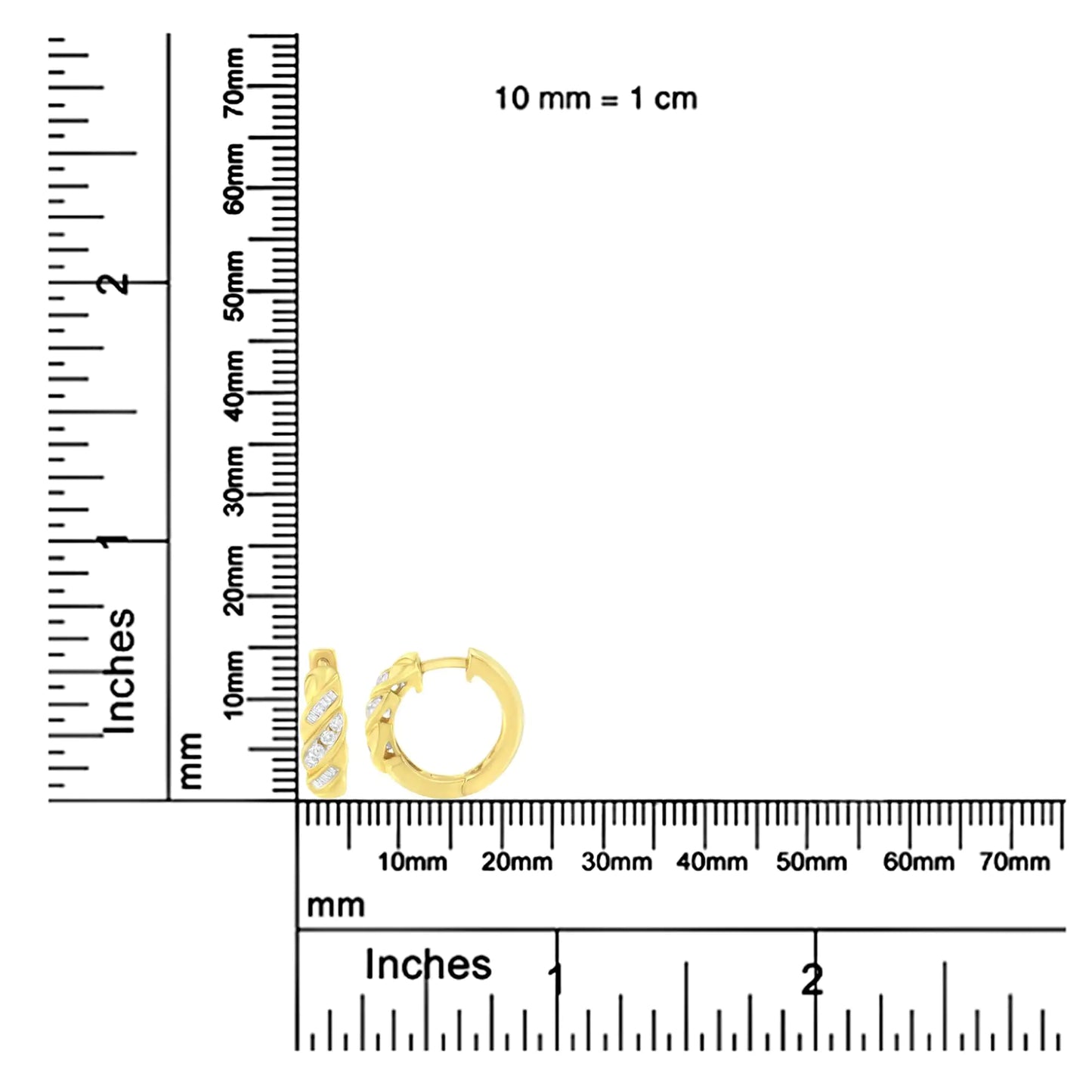 14K 黄金 1/4 克拉 TDW 交替 3 排长方形和圆形明亮式切割钻石环形耳环（HI、I2-I3）