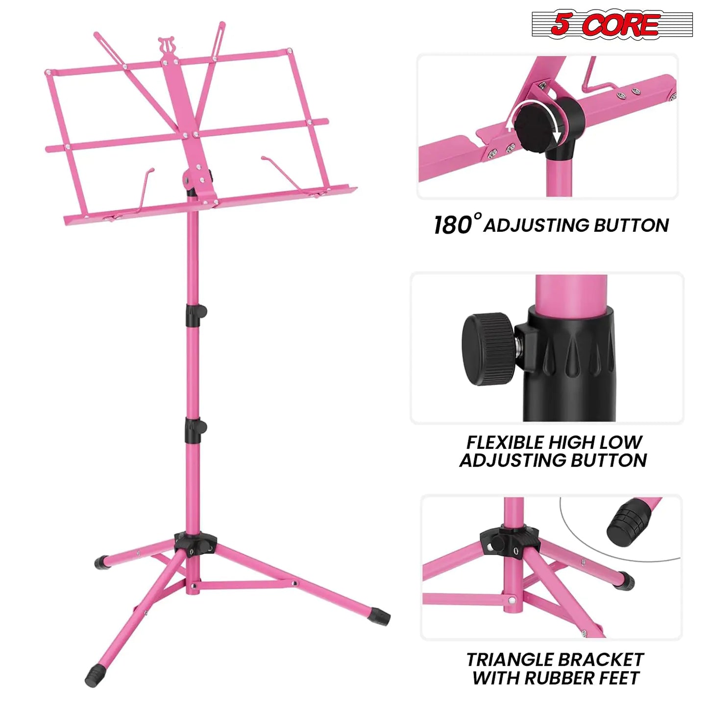 Soporte de Música 5Core para Partituras, Portátil com Tripé Ajustável e Dobrável, Soporte para Notas na Cor ROSA