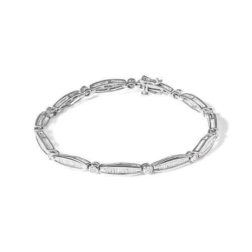 14K White Gold 1-1/2 Cttw Round Brilliant-Cut & Baguette Cut Diamond Bezel and Tapered Link 7" Tennis Bracelet (H-I Color, I1-I2 Clarity)