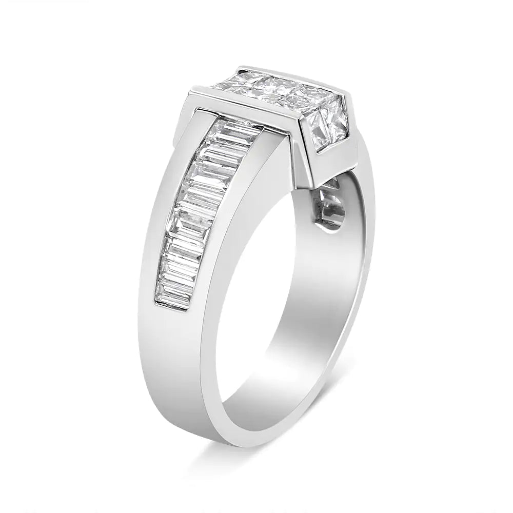 14K White Gold 2 3/4 Cttw Invisible-Set Princess and Channel-Set Baguette Diamond Step Up Cocktail Ring (G-H Color, SI1-SI2 Clarity)