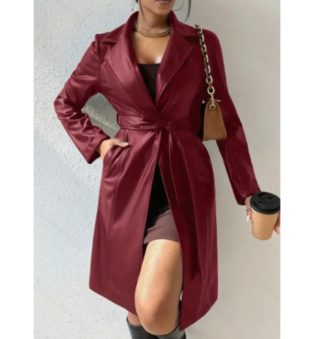 Women's Slim Fit PU Leather Trench Coat with Lapel Collar and Pockets