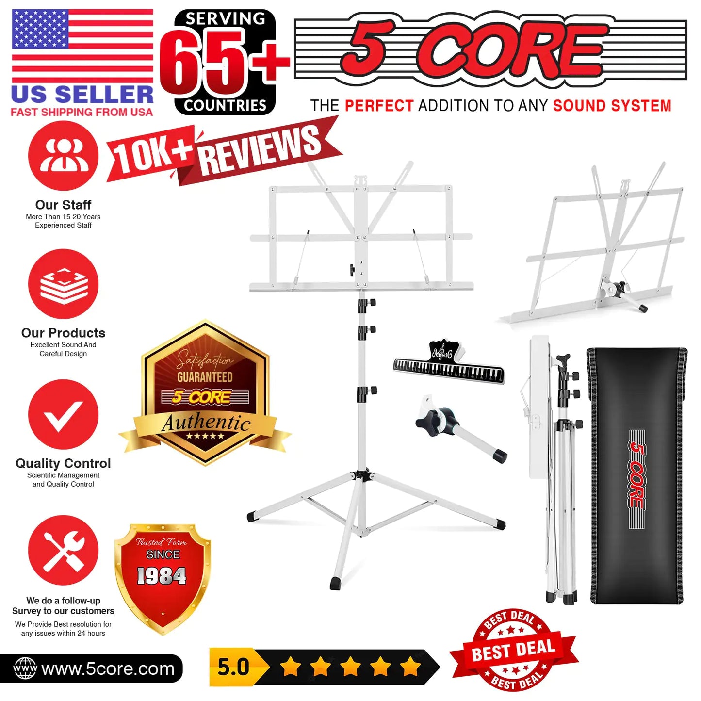 Soporte de Música 5Core para Partituras de Música Portátil com Tripé Ajustável e Dobrável, Soporte para Notas Mais Alto Branco