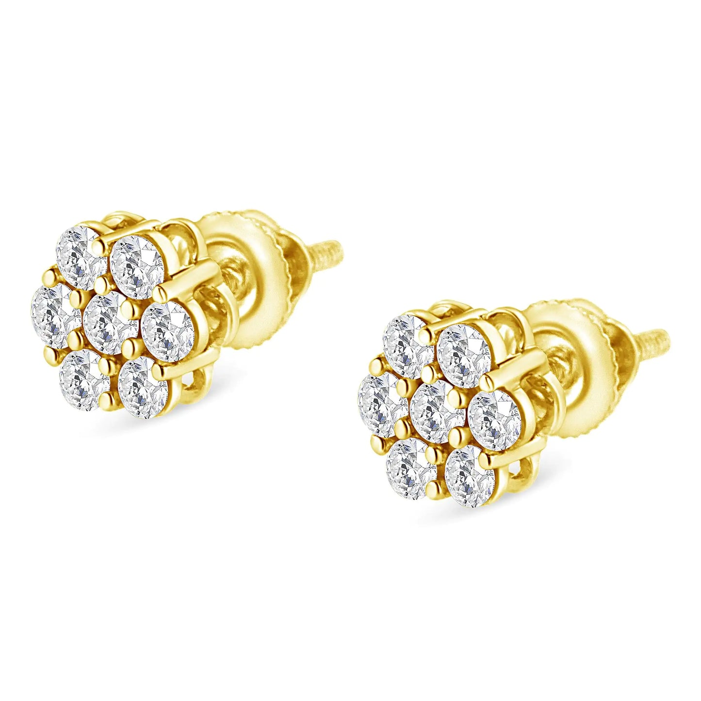 Aretes de oro amarillo de 14 quilates con diamantes redondos de talla brillante de 1/2 ct y cierre de rosca en racimo floral (color IJ, claridad SI2-I1)