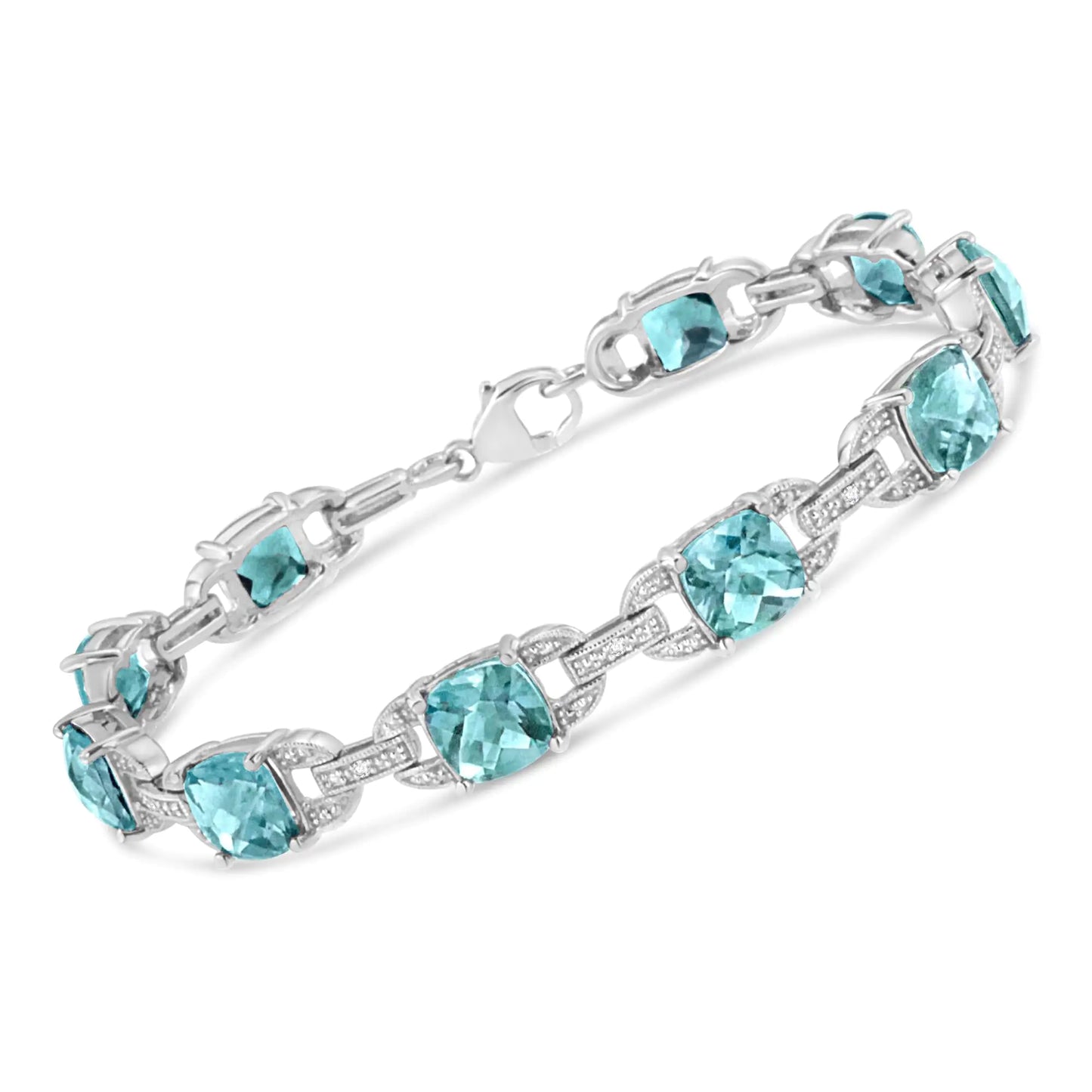 Pulsera de tenis de moda en plata de ley 925 con topacio azul de talla cojín de 7 x 7 mm y diamantes de talla redonda de 1/20 ct (color IJ, claridad I1-I2) - 18 cm