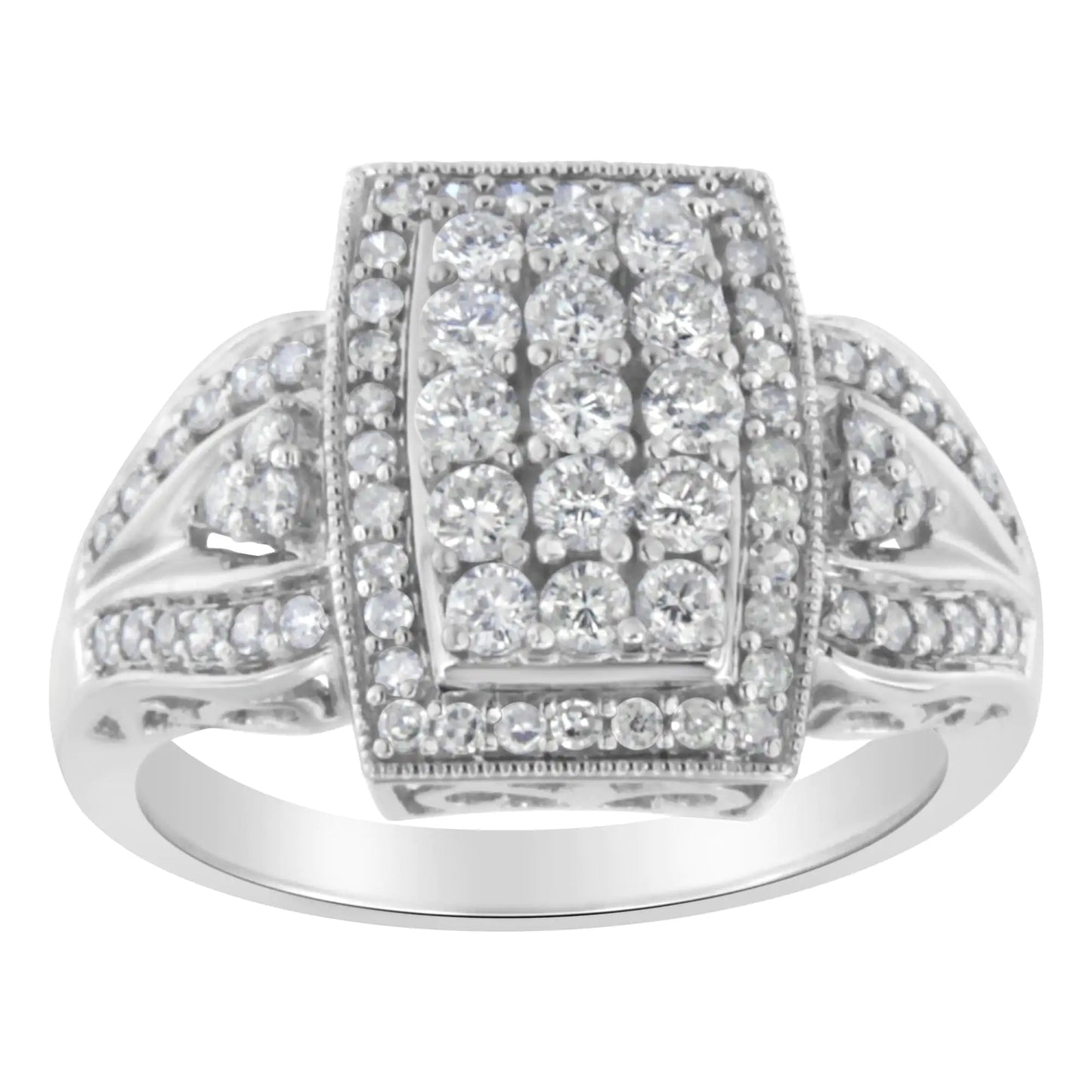 10K White Gold 1.0 Cttw Diamond Rectangular Cushion Shaped Cluster Halo Flared Band Cocktail Fashion Ring (H-I Color, SI2-I1 Clarity)