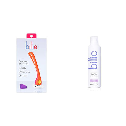 Kit de afeitado Billie Razors para mujer con 2 recambios y soporte, aroma a leche de lavanda, gel de afeitar SkyFoam Sunburst y gel de afeitar.