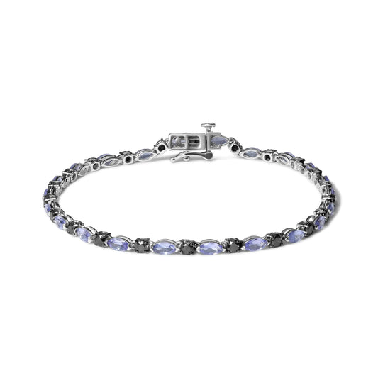 Brazalete de Plata de Ley .925 con Diamantes Negros de 1 1/2 Quilates y Tansanit Azul (I2-I3 Reinheit, Color Negro) - Tamaño 7,25"